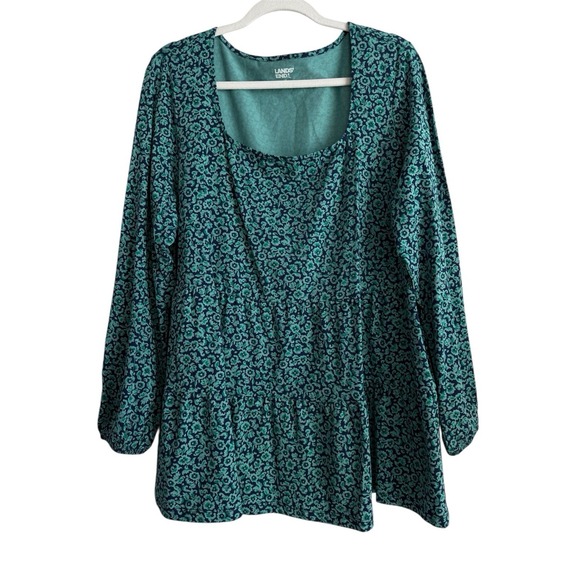 Lands' End Tops - Lands End Peplum Top Womens Size 1X Teal Navy Floral Square Neck Cottagecore NEW